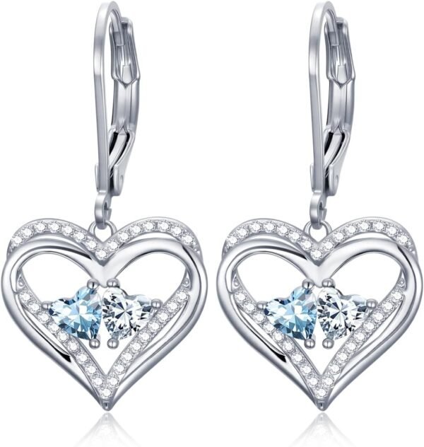 Heart Leverback Earrings Double Birthstone Dangle Earrings for Women, Love Jewelry for Her, Christmas Gifts for Women, Anniversary Birthday Gift for Mom Wife Girlfriend