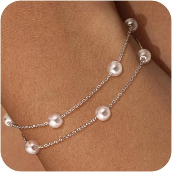 14k Gold Plated Pearl Bracelets for Women,Dainty Bracelets Stack Pearls Beaded Link Chain Charm Bracelets Set Layered Non Tarnish Tiny Jewelry for Women