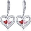 Heart Leverback Earrings Double Birthstone Dangle Earrings for Women, Love Jewelry for Her, Christmas Gifts for Women, Anniversary Birthday Gift for Mom Wife Girlfriend