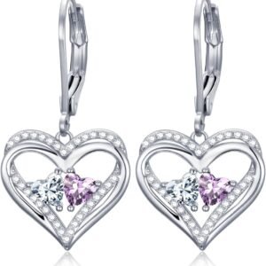 61qO8BH5qZL._AC_SL1500 Heart Leverback Earrings Double Birthstone Dangle Earrings for Women, Love Jewelry for Her, Christmas Gifts for Women, Anniversary Birthday Gift for Mom Wife Girlfriend