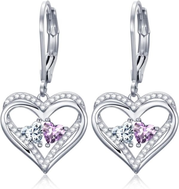 Heart Leverback Earrings Double Birthstone Dangle Earrings for Women, Love Jewelry for Her, Christmas Gifts for Women, Anniversary Birthday Gift for Mom Wife Girlfriend
