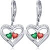 Heart Leverback Earrings Double Birthstone Dangle Earrings for Women, Love Jewelry for Her, Christmas Gifts for Women, Anniversary Birthday Gift for Mom Wife Girlfriend