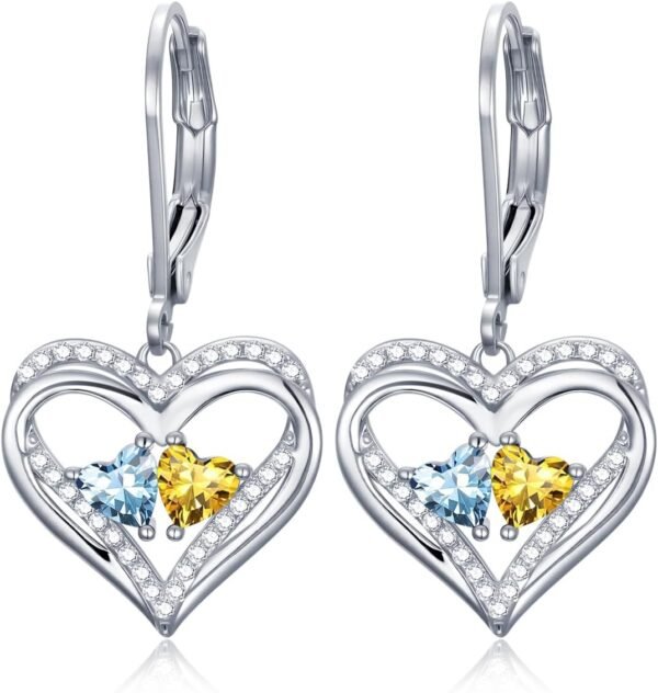 Heart Leverback Earrings Double Birthstone Dangle Earrings for Women, Love Jewelry for Her, Christmas Gifts for Women, Anniversary Birthday Gift for Mom Wife Girlfriend