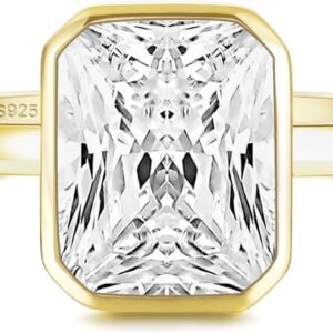 61uKuelMZIL._AC_SL1500 925 Sterling Silver Engagement Rings for Women Radiant Cut Cubic Zirconia Wedding Bands 14K Gold Plated Bezel Promise Rings for Her Size 4-10