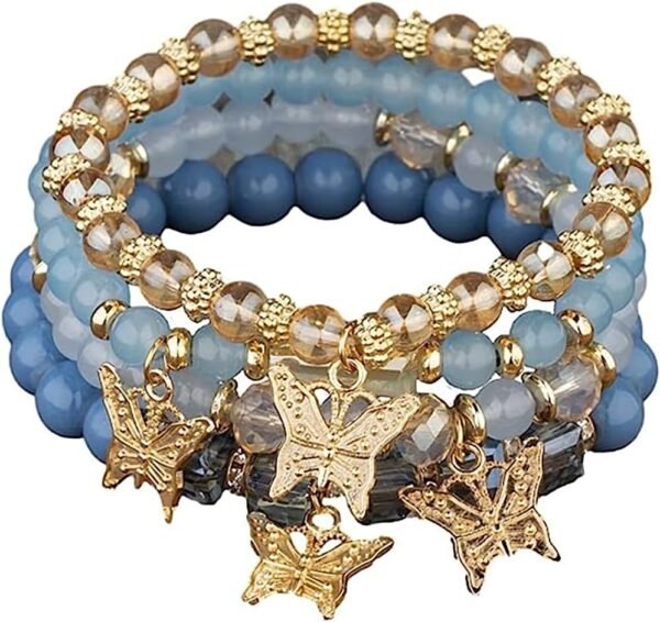 4 Pcs Cute Butterfly Charm Bracelets Set Gold Beaded Stackable Stretch Bracelets Bohemian Summer Jewelry Gifts for Women