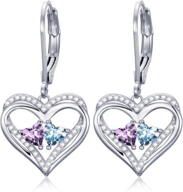 Heart Leverback Earrings Double Birthstone Dangle Earrings for Women, Love Jewelry for Her, Christmas Gifts for Women, Anniversary Birthday Gift for Mom Wife Girlfriend