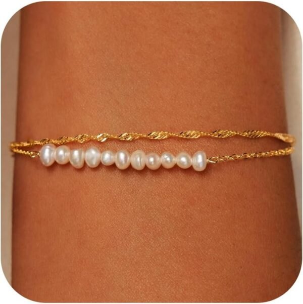 Gold Pearl Bracelets for Women Trendy, 14K Real Gold Plated Dainty Stackable Snake Chain CZ Heart Pendant Bracelets, Layered Waterproof Jewelry Gift for Women Adjustable 6"+2"