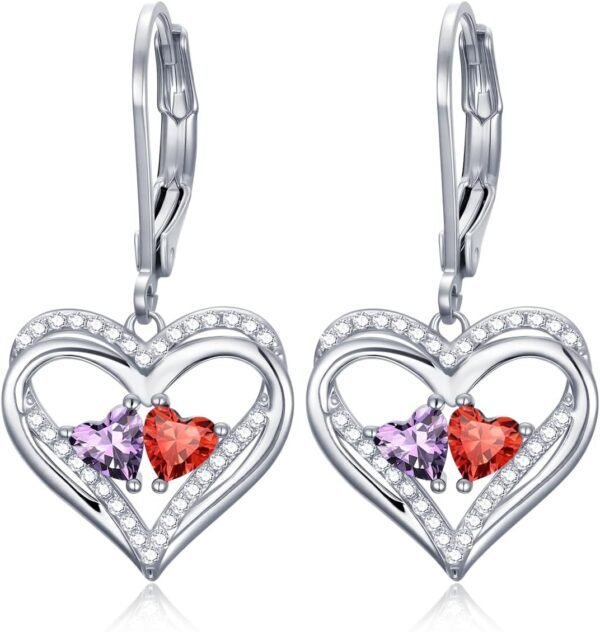 Heart Leverback Earrings Double Birthstone Dangle Earrings for Women, Love Jewelry for Her, Christmas Gifts for Women, Anniversary Birthday Gift for Mom Wife Girlfriend