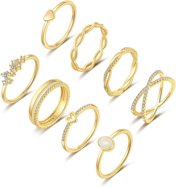 8PCS 14K Gold/Silver Rings Set for Women Non Tarnish Dainty CZ Simulated Diamond Ring Eternity Wedding Band Gold Stackable Thumb Rings Size 4-12
