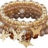 4 Pcs Cute Butterfly Charm Bracelets Set Gold Beaded Stackable Stretch Bracelets Bohemian Summer Jewelry Gifts for Women