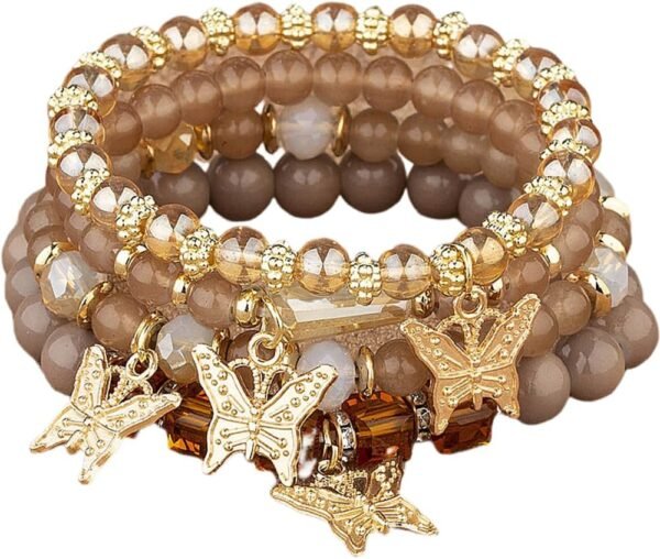 4 Pcs Cute Butterfly Charm Bracelets Set Gold Beaded Stackable Stretch Bracelets Bohemian Summer Jewelry Gifts for Women