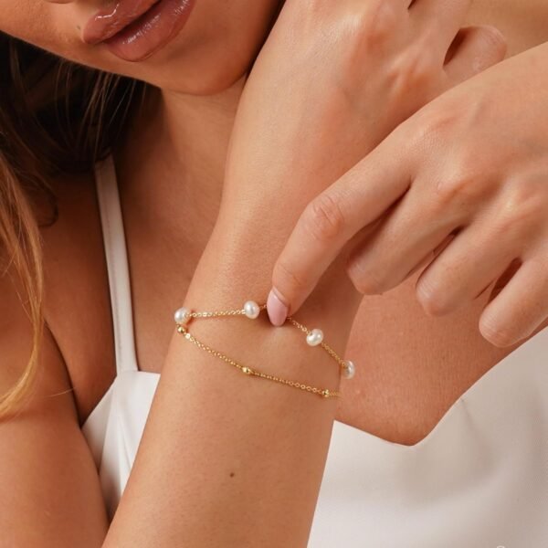 14k Gold Plated Pearl Bracelets for Women,Dainty Bracelets Stack Pearls Beaded Link Chain Charm Bracelets Set Layered Non Tarnish Tiny Jewelry for Women