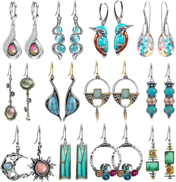 12 Pairs Teardrop Druse Crystal Drop Dangle Earrings for Women Cubic Zirconia Huggie Hoop Earring Jewelry Set Christmas Gifts