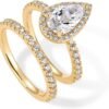 14K Gold Plated 1.7CT Pear Cubic Zirconia Eternity Engagement Ring Promise Ring Set for Women - Hidden Halo