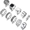 10 Pcs Men's Stainless Steel Vintage Signet Ring Square Pinky Thumb Chunky Thin Band Ring Vintage Biker Band Rings Set 7-13