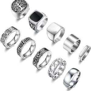 71OUU8VZarL._AC_SL1500 10 Pcs Men's Stainless Steel Vintage Signet Ring Square Pinky Thumb Chunky Thin Band Ring Vintage Biker Band Rings Set 7-13