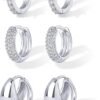 18K Gold Plated 925 Sterling Silver Posts Three Pairs Huggie Hoop Earrings for Women - Triple Gold Hoop Earring Pack with Cubic Zirconia - Chunky Dome Pave Huggie Piercing Statement Jewelry Set