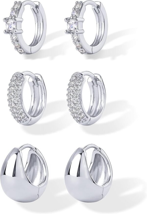 18K Gold Plated 925 Sterling Silver Posts Three Pairs Huggie Hoop Earrings for Women - Triple Gold Hoop Earring Pack with Cubic Zirconia - Chunky Dome Pave Huggie Piercing Statement Jewelry Set