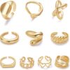 10PCS Gold Dome Chunky Rings for Women 18K Gold Plated Braided Twisted Round Signet Rings Adjustable Open Ring Band Statement Jewelry Size 7-9