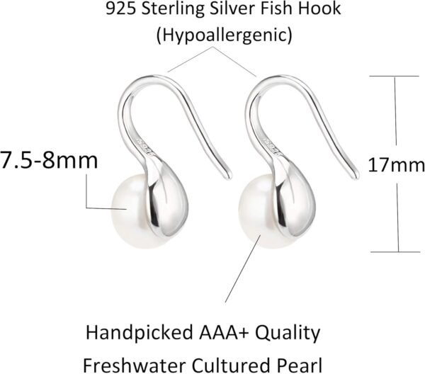 925 Sterling Silver Hoop Handpicked AAA+ Quality 7.5-8mm White Freshwater Cultured Pearl Dangle Drop Earrings Jewelry for Women