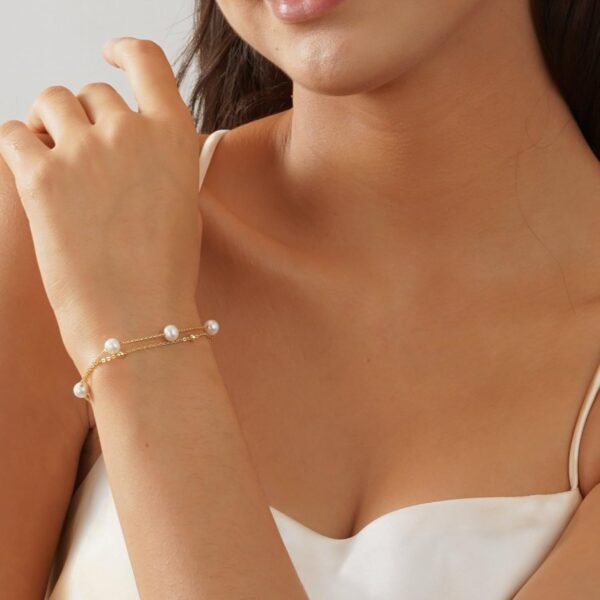 14k Gold Plated Pearl Bracelets for Women,Dainty Bracelets Stack Pearls Beaded Link Chain Charm Bracelets Set Layered Non Tarnish Tiny Jewelry for Women