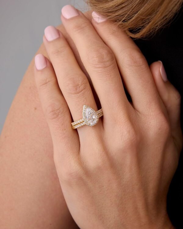 14K Gold Plated 1.7CT Pear Cubic Zirconia Eternity Engagement Ring Promise Ring Set for Women - Hidden Halo