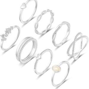 71Z2jIF0TVL._AC_SL1500 8PCS 14K Gold/Silver Rings Set for Women Non Tarnish Dainty CZ Simulated Diamond Ring Eternity Wedding Band Gold Stackable Thumb Rings Size 4-12