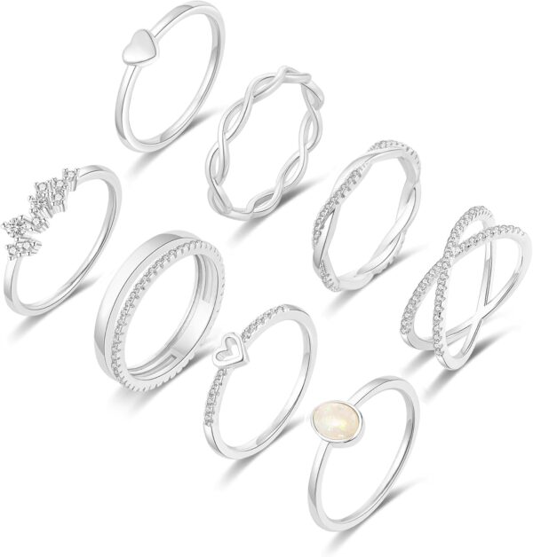 8PCS 14K Gold/Silver Rings Set for Women Non Tarnish Dainty CZ Simulated Diamond Ring Eternity Wedding Band Gold Stackable Thumb Rings Size 4-12