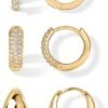 18K Gold Plated 925 Sterling Silver Posts Three Pairs Huggie Hoop Earrings for Women - Triple Gold Hoop Earring Pack with Cubic Zirconia - Chunky Dome Pave Huggie Piercing Statement Jewelry Set