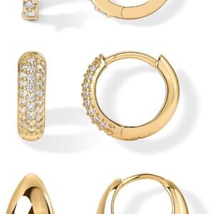 71ZKqVsY05L._AC_SL1500 18K Gold Plated 925 Sterling Silver Posts Three Pairs Huggie Hoop Earrings for Women - Triple Gold Hoop Earring Pack with Cubic Zirconia - Chunky Dome Pave Huggie Piercing Statement Jewelry Set
