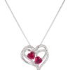 Womens Sterling Silver Created Ruby and White Sapphire Double Heart Pendant Necklace, 18"