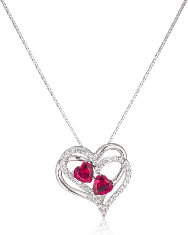 Womens Sterling Silver Created Ruby and White Sapphire Double Heart Pendant Necklace, 18"