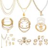 Gold Plated Jewelry Set for Women,14k Gold Plated Multi Layer Necklaces Stackable Bangle Bracelets Stackable Knuckle Rings Hoop Earrings Set Anniversary Trendy Elegance Charms Anniversary Birthday Jewelry Gift