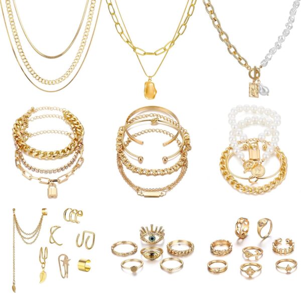 Gold Plated Jewelry Set for Women,14k Gold Plated Multi Layer Necklaces Stackable Bangle Bracelets Stackable Knuckle Rings Hoop Earrings Set Anniversary Trendy Elegance Charms Anniversary Birthday Jewelry Gift