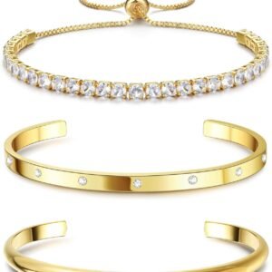 71fM8DJtF0L._AC_SL1500 14K Gold Bracelets for Women Trendy Bangle Cuff Chain Bracelets Set Gold Plated Paperclip Bead Tennis Bracelet Chunky Gold Filled Bracelet Stack 3/4PCS