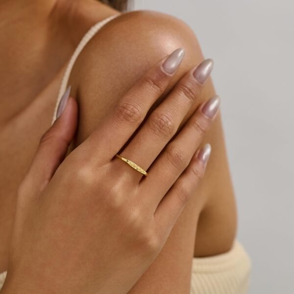 14K Gold Plated Signet Rings for Women Non Tarnish 925 Sterling Silver Dainty Stackable Gold Ring, Waterproof Engraved Flower Thin Band Unique Everyday Jewelry Gift
