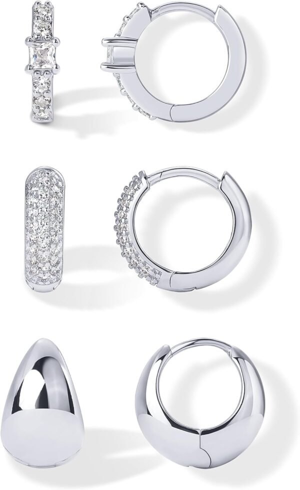 18K Gold Plated 925 Sterling Silver Posts Three Pairs Huggie Hoop Earrings for Women - Triple Gold Hoop Earring Pack with Cubic Zirconia - Chunky Dome Pave Huggie Piercing Statement Jewelry Set