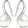 925 Sterling Silver Hoop Handpicked AAA+ Quality 7.5-8mm White Freshwater Cultured Pearl Dangle Drop Earrings Jewelry for Women