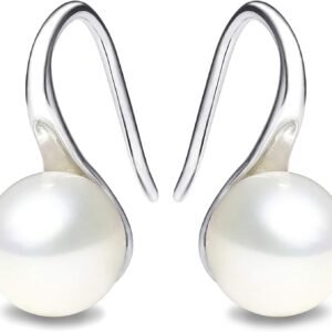 71p9HuidSzL._AC_SL1500 925 Sterling Silver Hoop Handpicked AAA+ Quality 7.5-8mm White Freshwater Cultured Pearl Dangle Drop Earrings Jewelry for Women