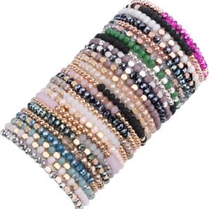 71q7sW9QpHL._AC_SL1500 27-28Pcs Delicate Boho Beaded Bracelet Multi Layer Versatile Statement Bracelets Stackable stretch Cuff Sparkly Glass Crystal Beads bracelets