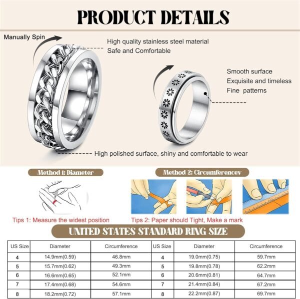 12Pcs Fidget Anxiety Rings for Women Men - Spinner Fidget Rings for Anxiety Relieving Stress Flower Moon Star Stainless Steel Rings Adjustable Size 6