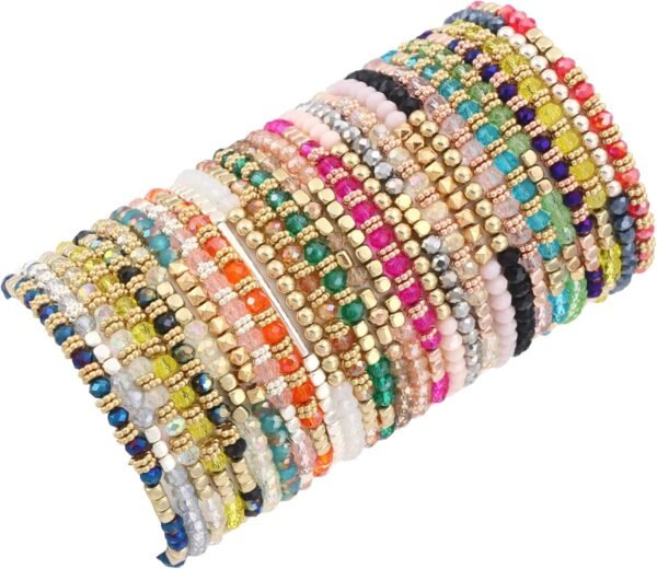 27-28Pcs Delicate Boho Beaded Bracelet Multi Layer Versatile Statement Bracelets Stackable stretch Cuff Sparkly Glass Crystal Beads bracelets