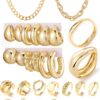 Gold Plated Jewelry Set for Women,14k Gold Plated Multi Layer Necklaces Stackable Bangle Bracelets Stackable Knuckle Rings Hoop Earrings Set Anniversary Trendy Elegance Charms Anniversary Birthday Jewelry Gift
