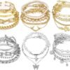 18-25 PCS(6 Pack) Boho Gold Bracelets Set for Women Stackable Chunky Dainty Bangles Adjustable Chain Flat Cuff Cuban Punk Charm Bundle Jewelry