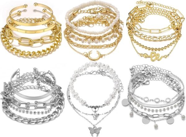 18-25 PCS(6 Pack) Boho Gold Bracelets Set for Women Stackable Chunky Dainty Bangles Adjustable Chain Flat Cuff Cuban Punk Charm Bundle Jewelry