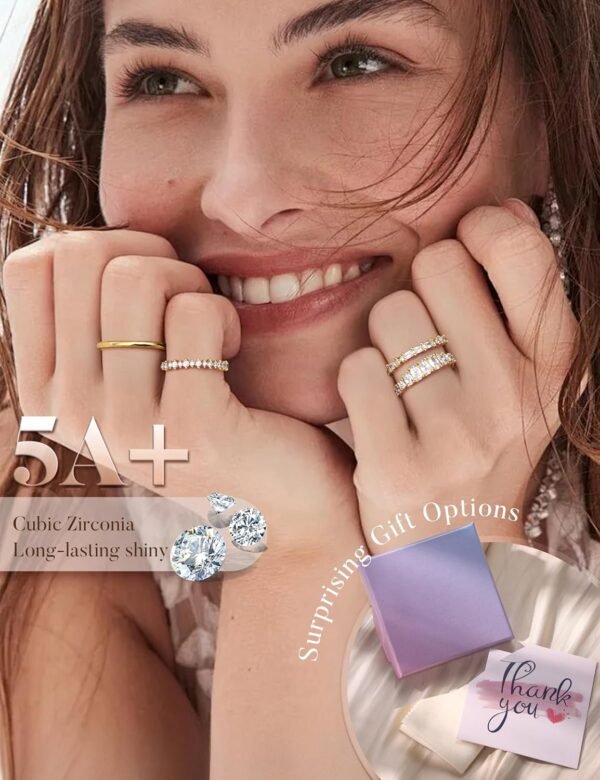 14K Gold Plated Stackable Rings for Women Non Tarnish - Dainty Cubic Zirconia Wedding Bands Ring Set Minimalist Trendy Statement Engagement Promise Thumb Rings Stacking Size 5-10