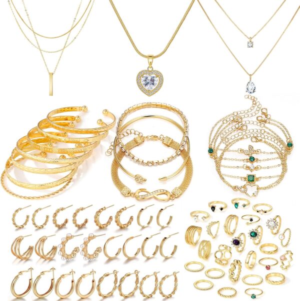 Gold Plated Jewelry Set for Women,14k Gold Plated Multi Layer Necklaces Stackable Bangle Bracelets Stackable Knuckle Rings Hoop Earrings Set Anniversary Trendy Elegance Charms Anniversary Birthday Jewelry Gift