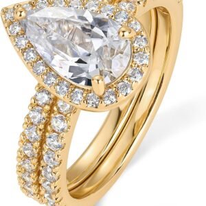 81ipVnr2jRL._AC_SL1500 14K Gold Plated 1.7CT Pear Cubic Zirconia Eternity Engagement Ring Promise Ring Set for Women - Hidden Halo
