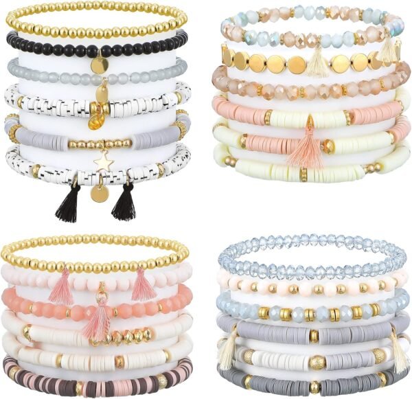 4 Sets 24 Pcs Bohemian Bracelets Bulk for Women Stackable Boho Beaded Stretch Bracelets Heishi Clay Boho Jewelry for Teen Girls Women Y2k Aesthetic Jewelry Gifts