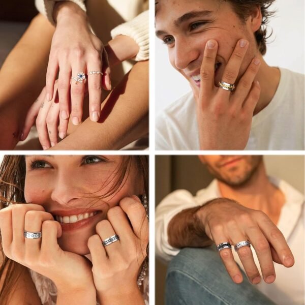 12Pcs Fidget Anxiety Rings for Women Men - Spinner Fidget Rings for Anxiety Relieving Stress Flower Moon Star Stainless Steel Rings Adjustable Size 6